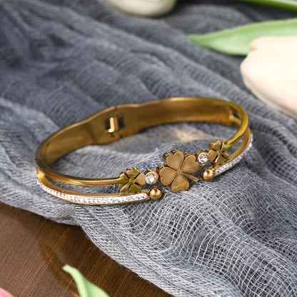 Pulseira Feminina Luxo Aço Inoxidável Abertura Retrô Strass Banho Ouro 18K