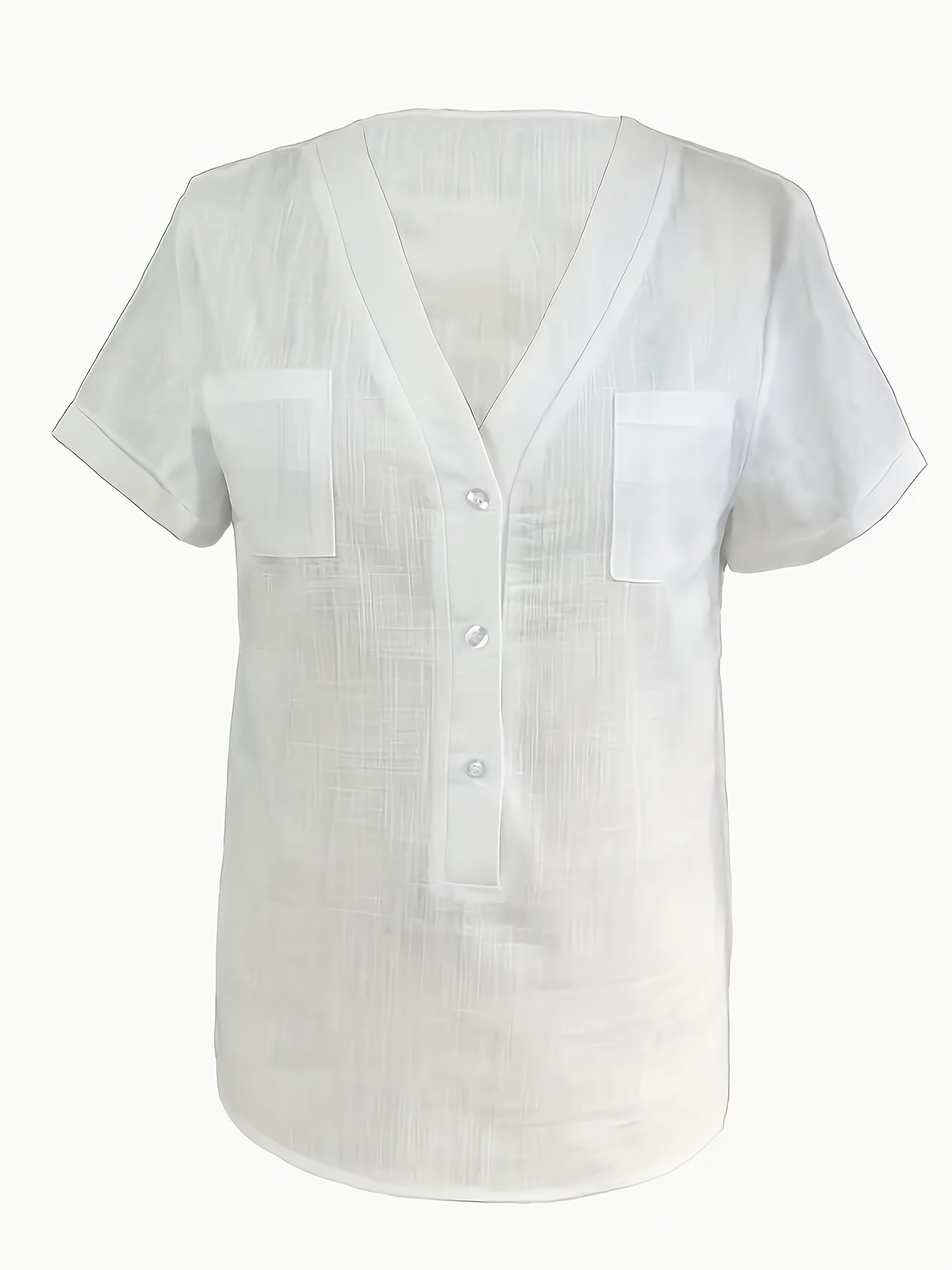 Blusa Feminina Linho Manga Curta Decote V com Bolsos Frontais Casual