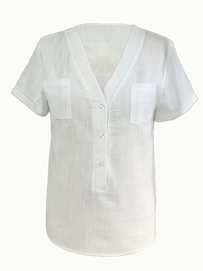 Blusa Feminina Linho Manga Curta Decote V com Bolsos Frontais Casual