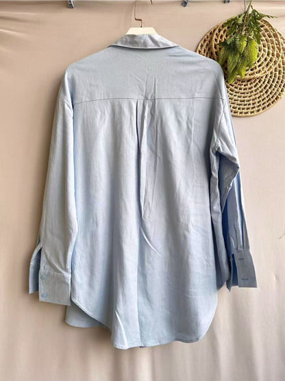Conjunto Feminino Linho Camisa Manga Longa e Shorts Cintura Elástica Casual
