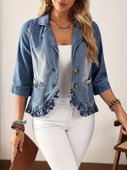 Jaqueta Jeans Feminina Manga 3/4 com Babados na Barra Casual Elegante