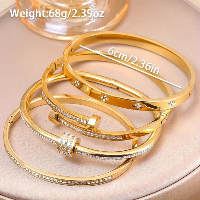 Kit 4 Pulseiras Femininas Elegantes Aço Inoxidável Zircônia Banho Ouro 18K Resistente Água