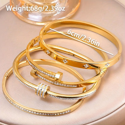Kit 4 Pulseiras Femininas Elegantes Aço Inoxidável Zircônia Banho Ouro 18K Resistente Água