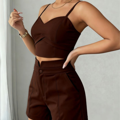 Conjunto Feminino Alfaiataria Top Cropped Bustier e Shorts Elegante