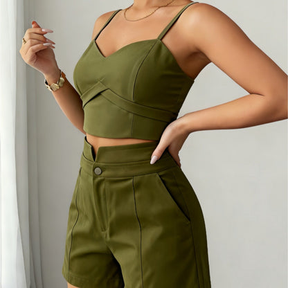 Conjunto Feminino Alfaiataria Top Cropped Bustier e Shorts Elegante