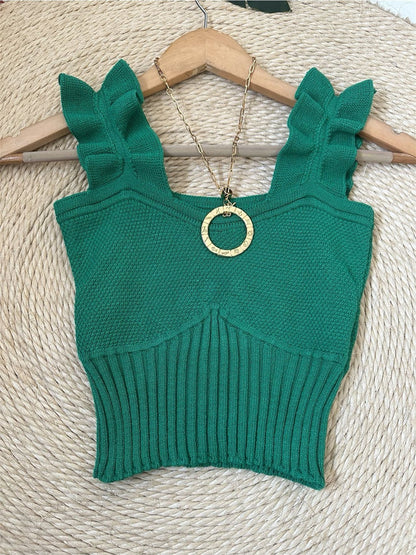 Top Cropped Tricot Feminino com Babados nas Alças Canelado Elegante