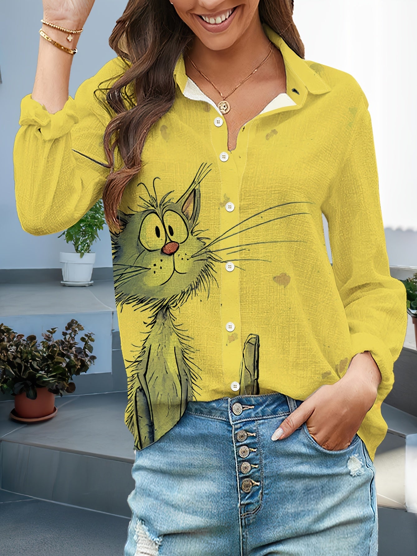 Camisa Feminina Manga Longa Estampa Gato Cinza Casual Oversized
