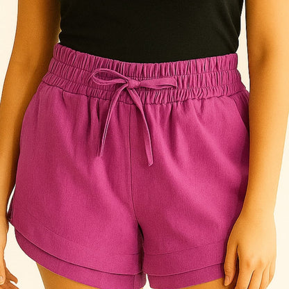 Shorts Feminino Linho Cintura Alta Elástica com Amarração Casual