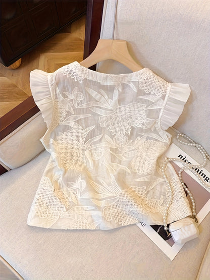 Blusa Feminina Laise Branca Manga Curta com Babados e Botões Romântica