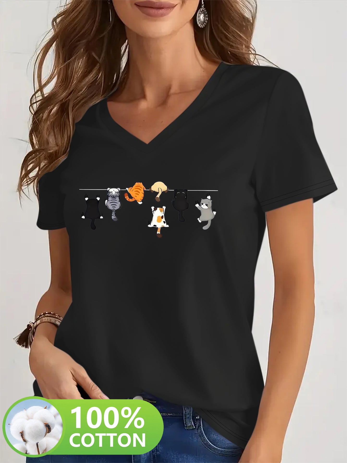 Camiseta Feminina Algodão Decote V Estampa Gatos Divertida Casual