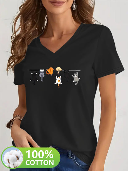 Camiseta Feminina Algodão Decote V Estampa Gatos Divertida Casual