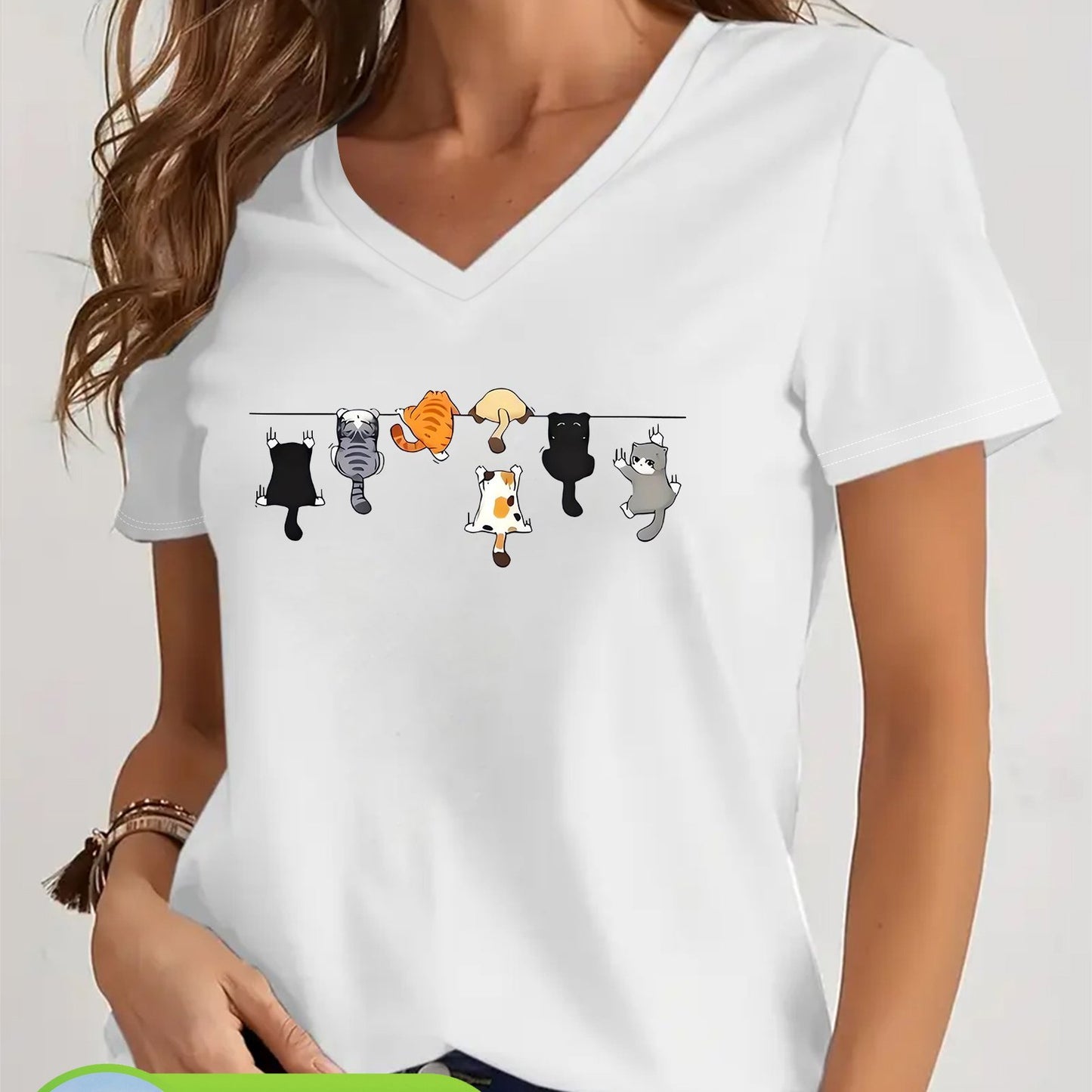 Camiseta Feminina Algodão Decote V Estampa Gatos Divertida Casual