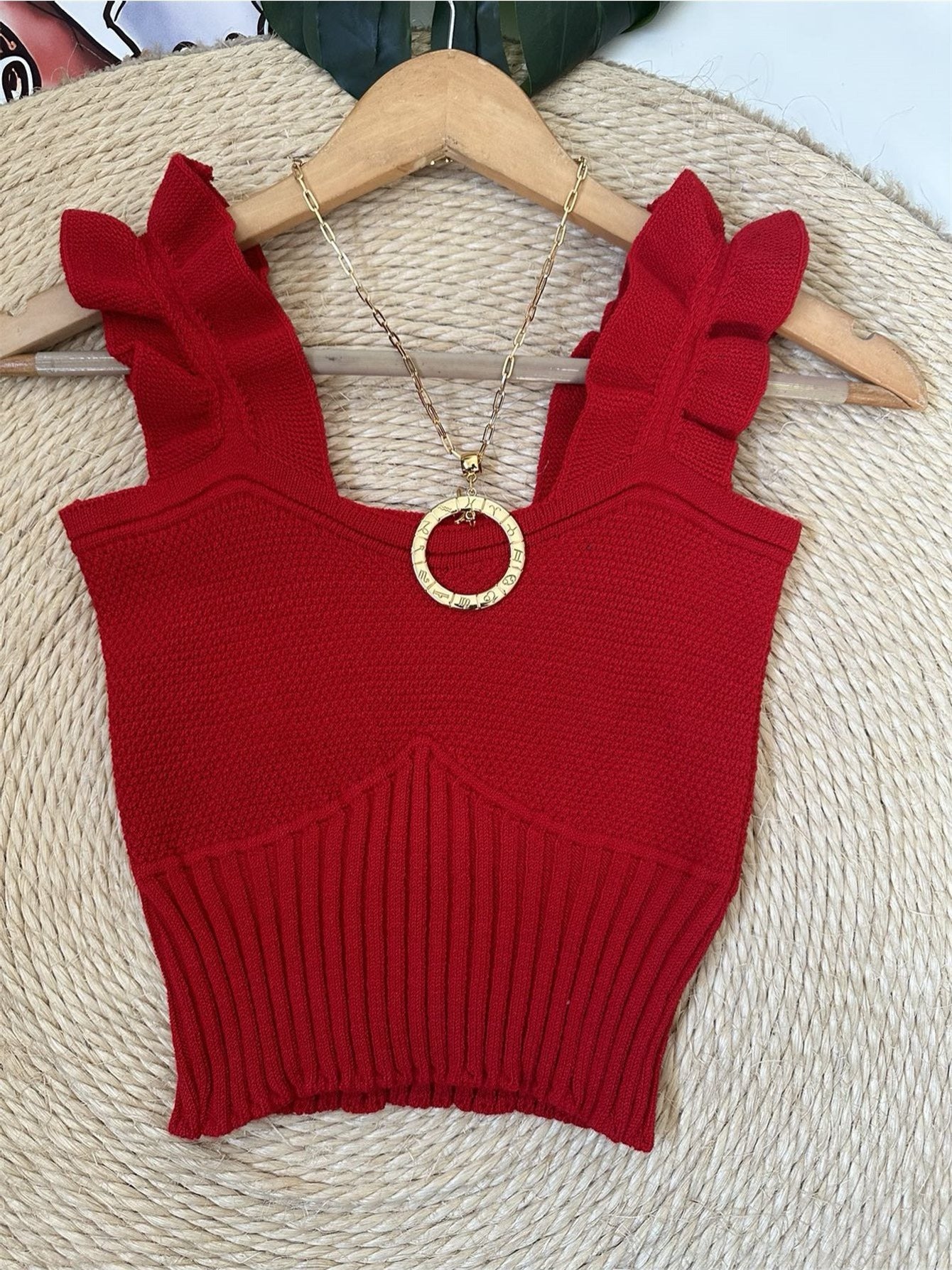 Top Cropped Tricot Feminino com Babados nas Alças Canelado Elegante