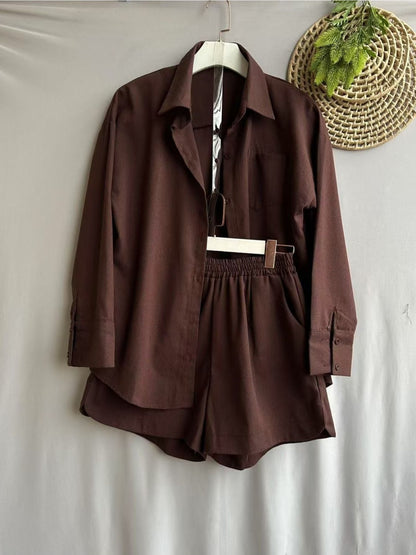 Conjunto Feminino Linho Camisa Manga Longa e Shorts Cintura Elástica Casual