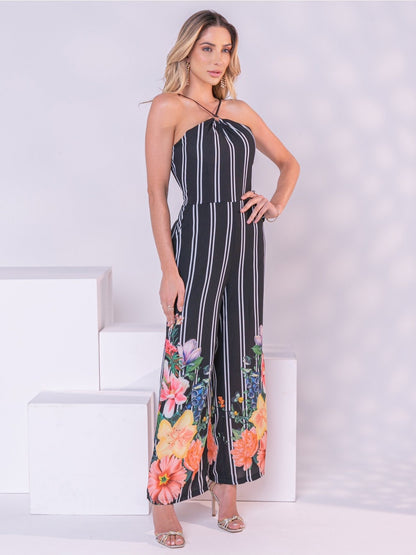 Macacão Feminino Listrado Floral Alça Única Perna Larga Elegante