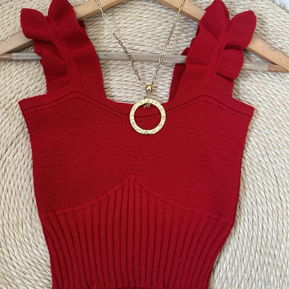 Top Cropped Tricot Feminino com Babados nas Alças Canelado Elegante