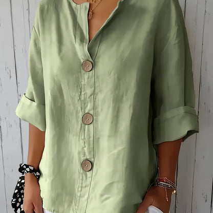 Blusa Feminina Linho Manga 3/4 com Botões Frontais Decote V Casual