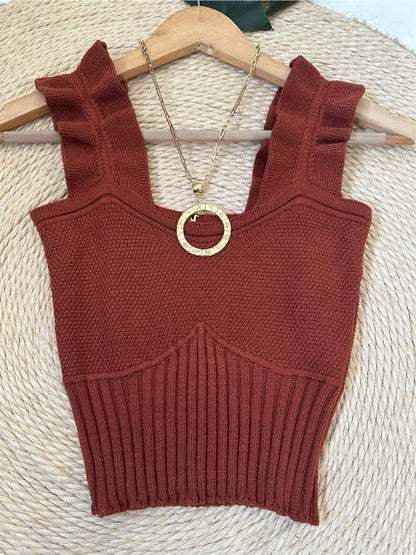 Top Cropped Tricot Feminino com Babados nas Alças Canelado Elegante