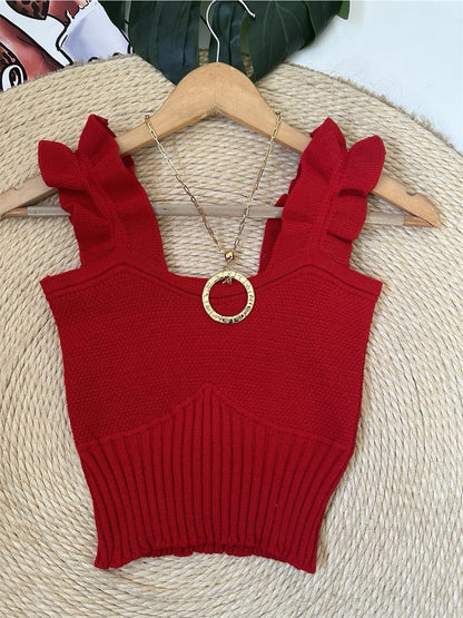 Top Cropped Tricot Feminino com Babados nas Alças Canelado Elegante