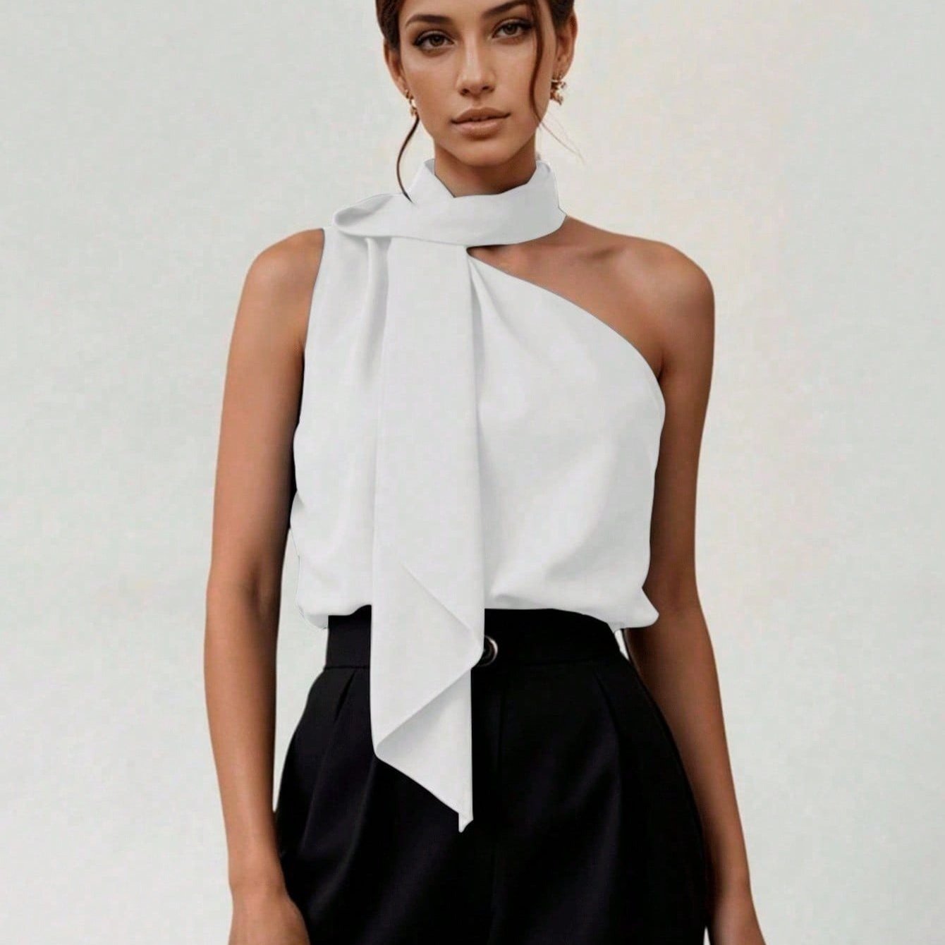 Blusa Feminina Ombro Único com Laço Ajustável Cetim Elegante Festa