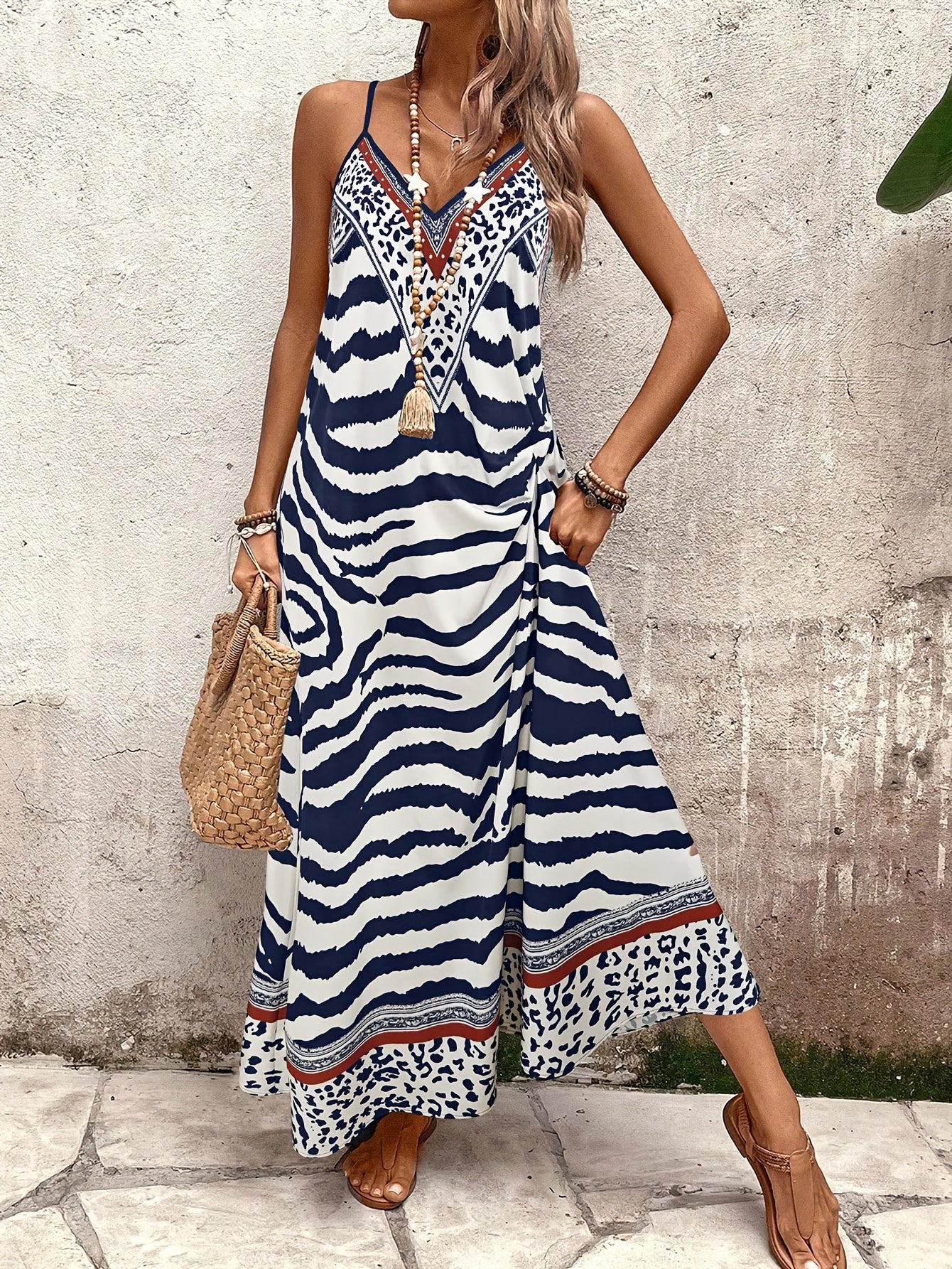 Vestido Longo Animal Print Zebra e Onça com Alças Finas Decote V