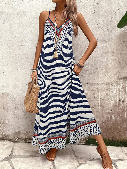 Vestido Longo Animal Print Zebra e Onça com Alças Finas Decote V
