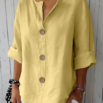 Blusa Feminina Linho Manga 3/4 com Botões Frontais Decote V Casual