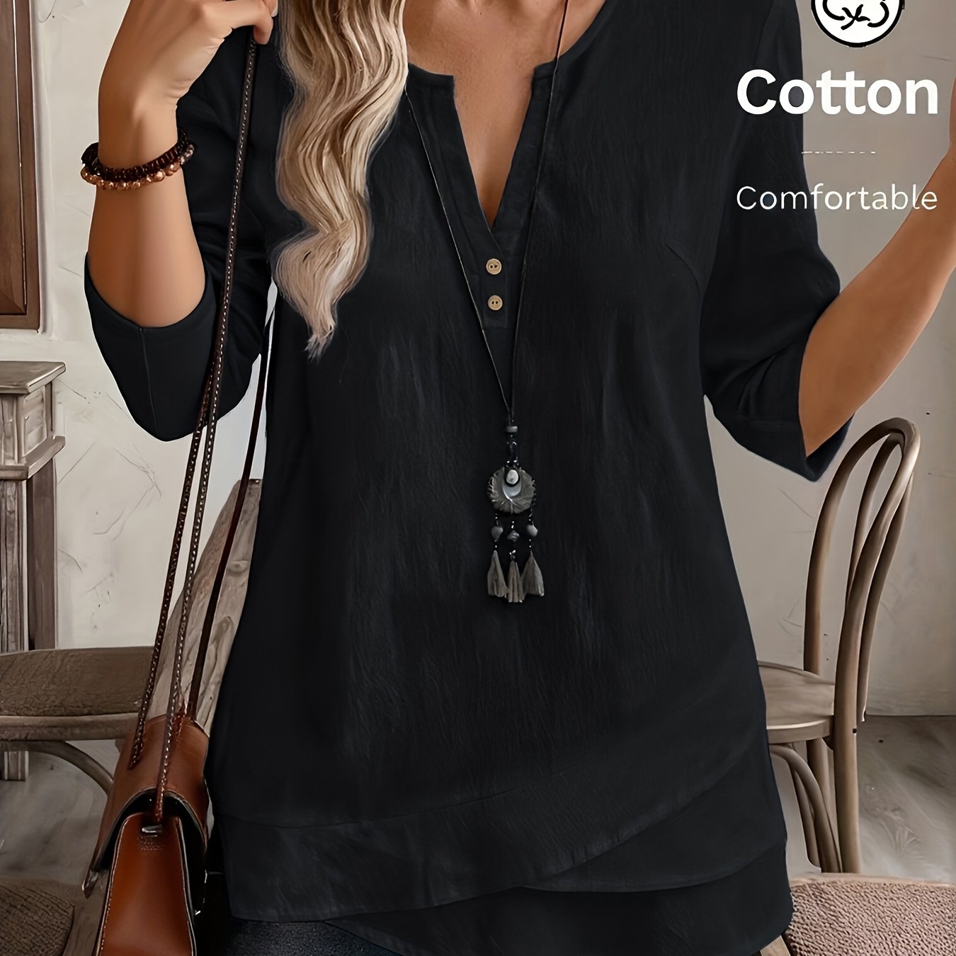 Blusa Feminina Manga 3/4 Decote V com Botões Barra Assimétrica Casual