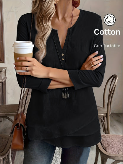 Blusa Feminina Manga 3/4 Decote V com Botões Barra Assimétrica Casual