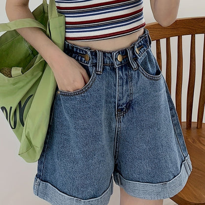 Shorts Jeans Feminino Cintura Alta Perna Larga com Barra Dobrada Casual