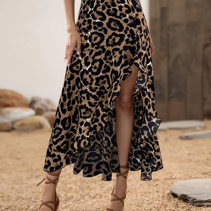 Saia Midi Animal Print Onça com Fenda Lateral Transpassada Elegante