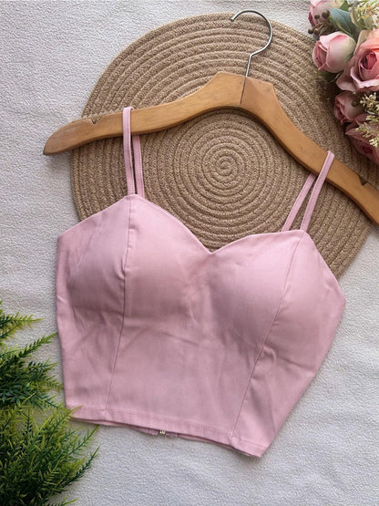 Top Cropped Feminino com Bojo e Zíper Frontal Alças Finas Moderno