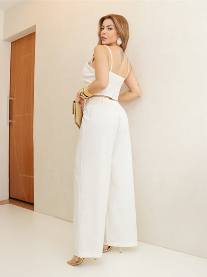 Conjunto Feminino Linho Top Cropped e Calça Pantalona Elegante