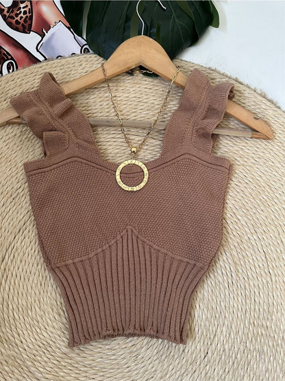 Top Cropped Tricot Feminino com Babados nas Alças Canelado Elegante