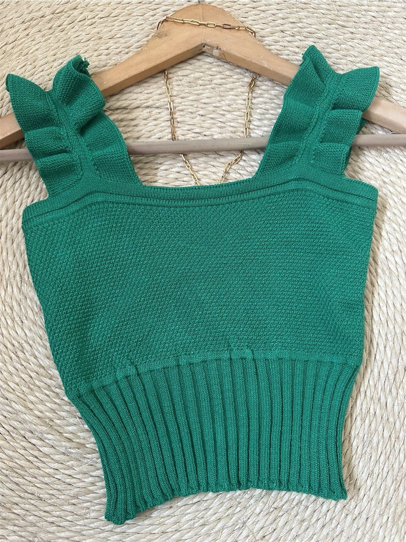 Top Cropped Tricot Feminino com Babados nas Alças Canelado Elegante