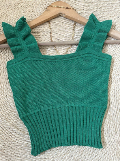 Top Cropped Tricot Feminino com Babados nas Alças Canelado Elegante