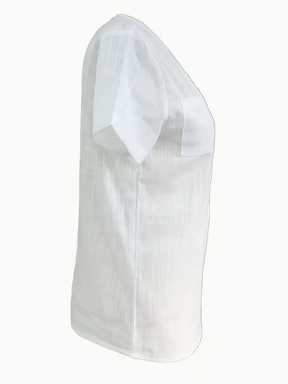 Blusa Feminina Linho Manga Curta Decote V com Bolsos Frontais Casual