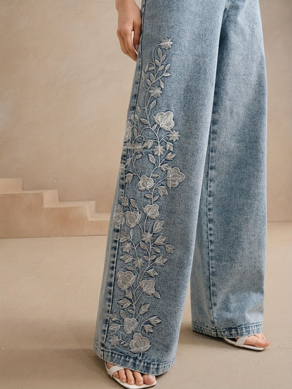 Calça Jeans Wide Leg Bordada com Elastano