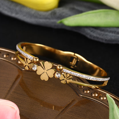 Pulseira Feminina Luxo Aço Inoxidável Abertura Retrô Strass Banho Ouro 18K