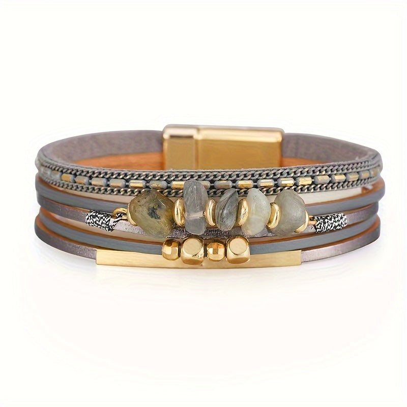 Pulseira Feminina Artesanal Turquesa Irregular Couro Fecho Magnético Boho