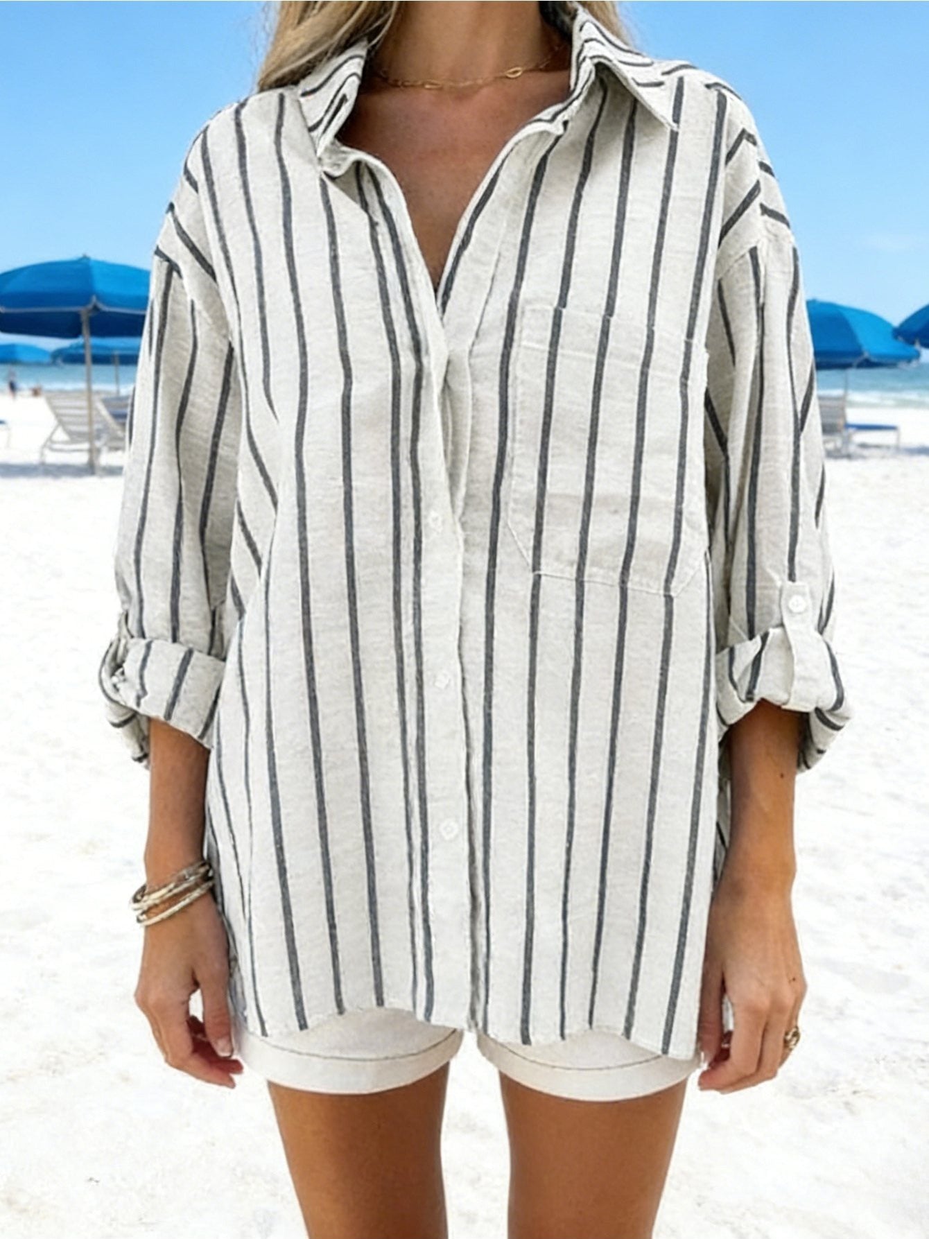 Camisa Feminina Linho Listrada Manga 3/4 Oversized com Bolsos Casual