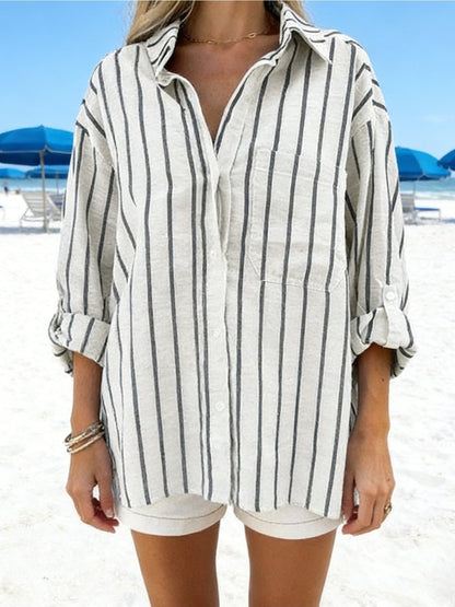 Camisa Feminina Linho Listrada Manga 3/4 Oversized com Bolsos Casual