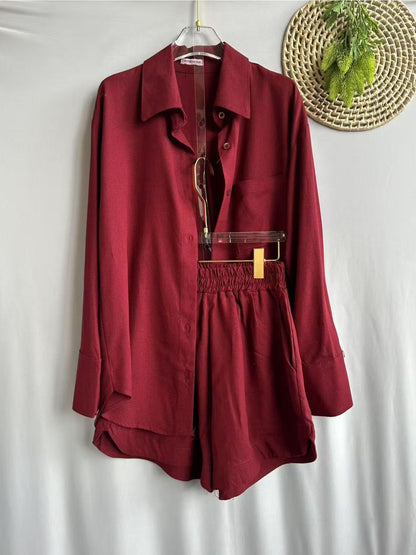 Conjunto Feminino Linho Camisa Manga Longa e Shorts Cintura Elástica Casual