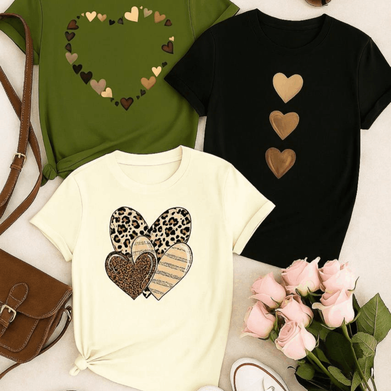 Camiseta Feminina Algodão com Estampa Coração Camuflado Casual