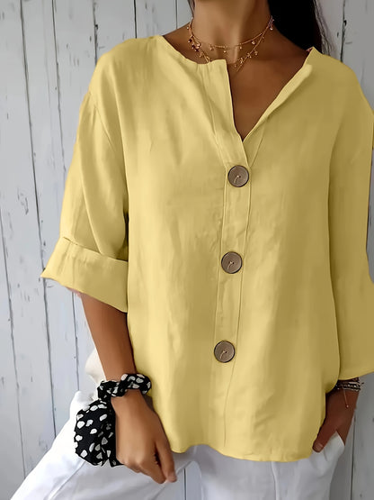 Blusa Feminina Linho Manga 3/4 com Botões Frontais Decote V Casual