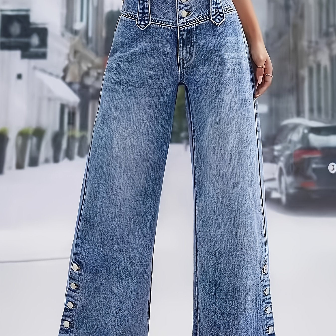 Calça Jeans Pantalona Vintage Cintura Alta com Botões Frontais