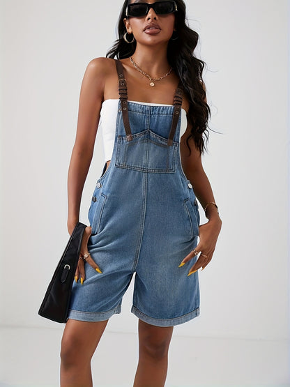 Jardineira Jeans Feminina Shorts com Alças Ajustáveis Casual Verão