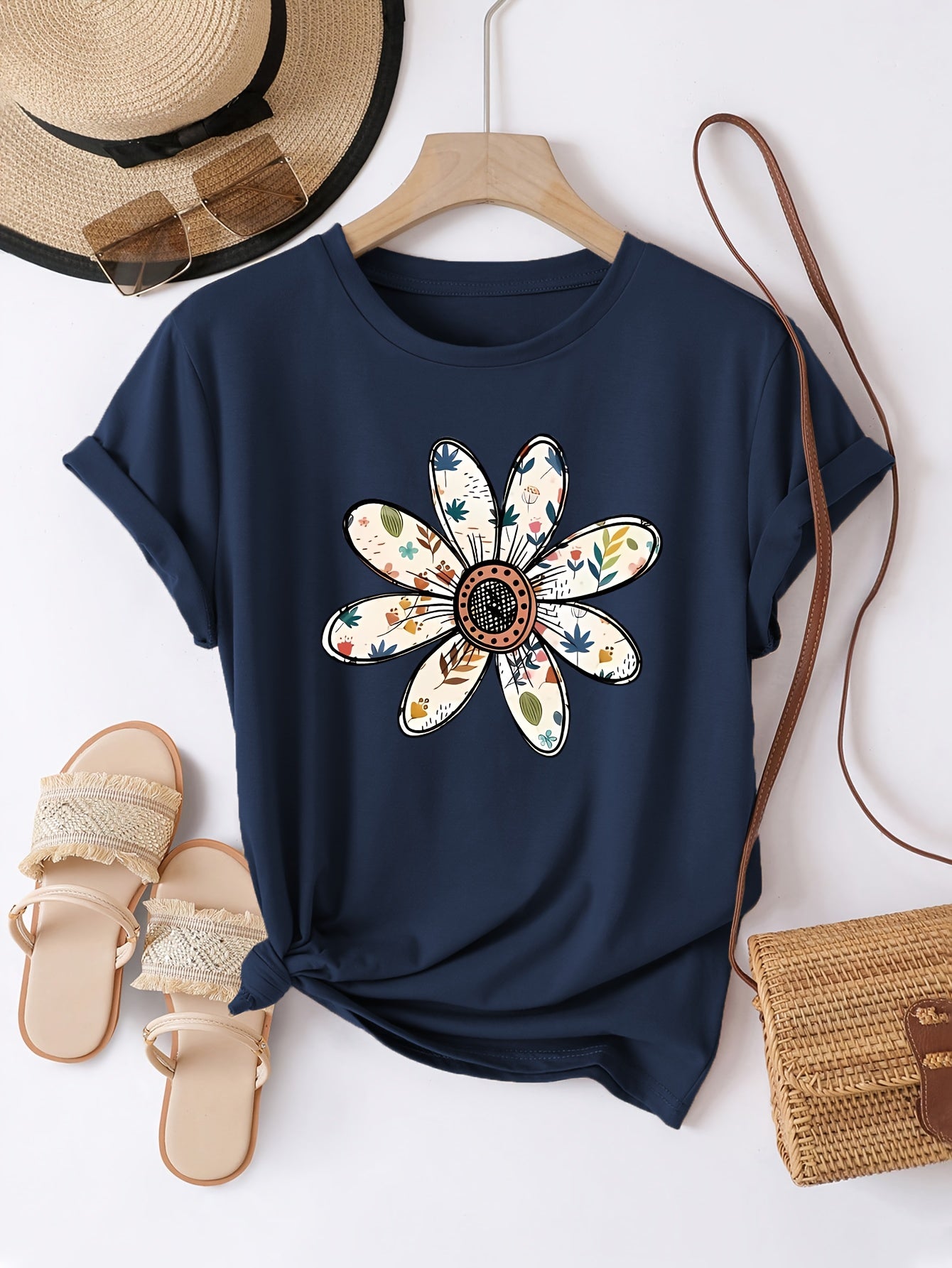Camiseta Feminina Algodão Estampa Flor Margarida Casual Manga Curta