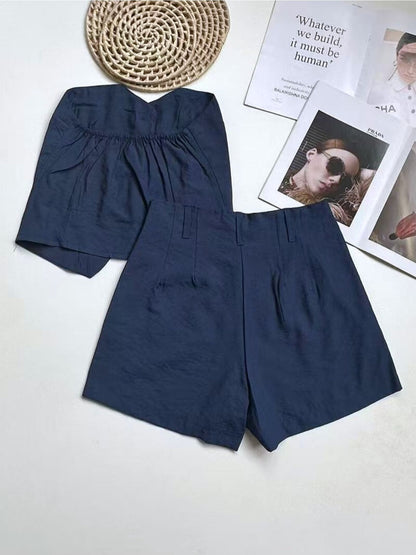 Conjunto Feminino Alfaiataria Top Cropped e Shorts com Pregas Casual