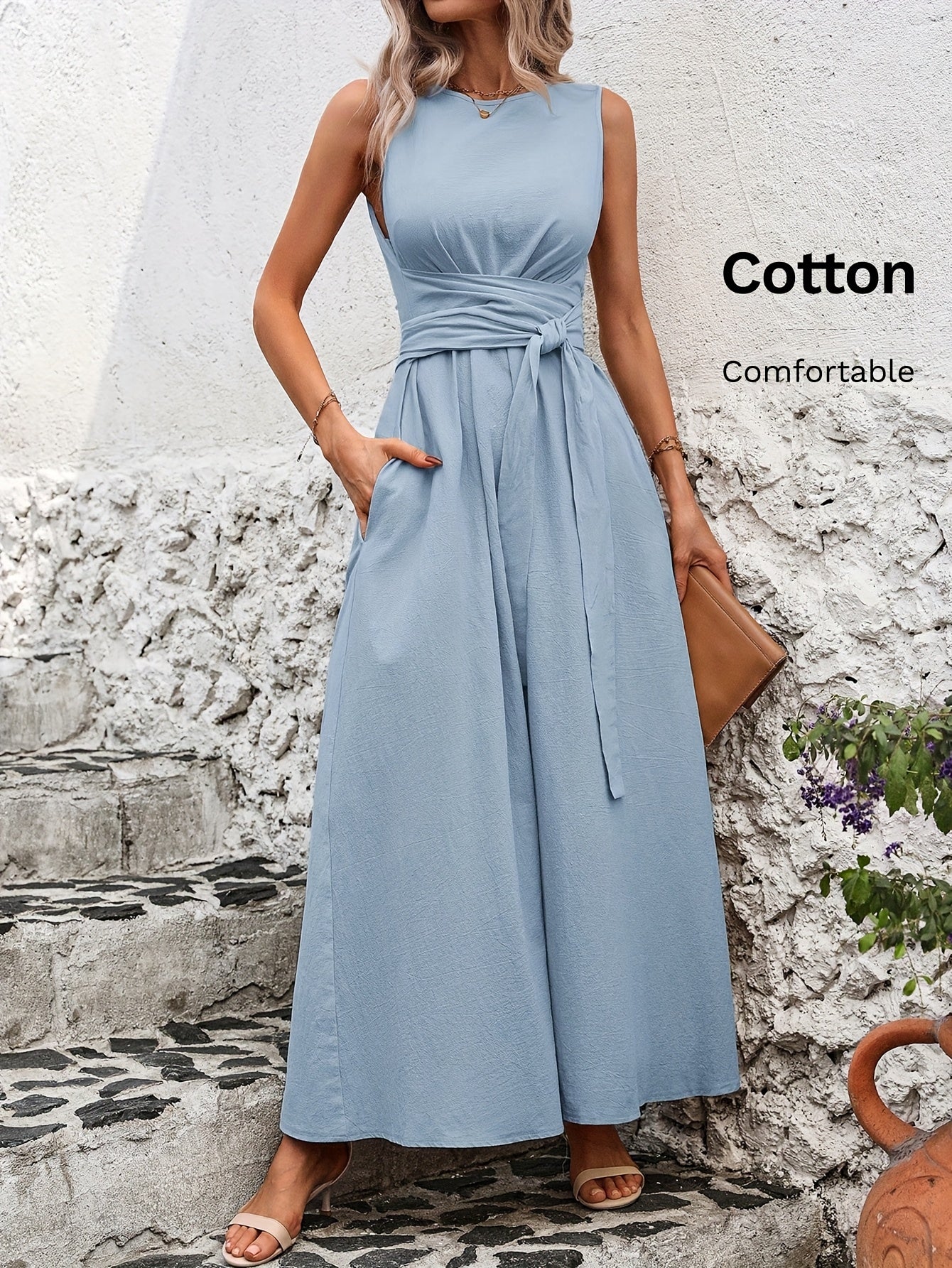 Vestido Casual Sem Mangas com Amarração nas Costas em Cor Sólida